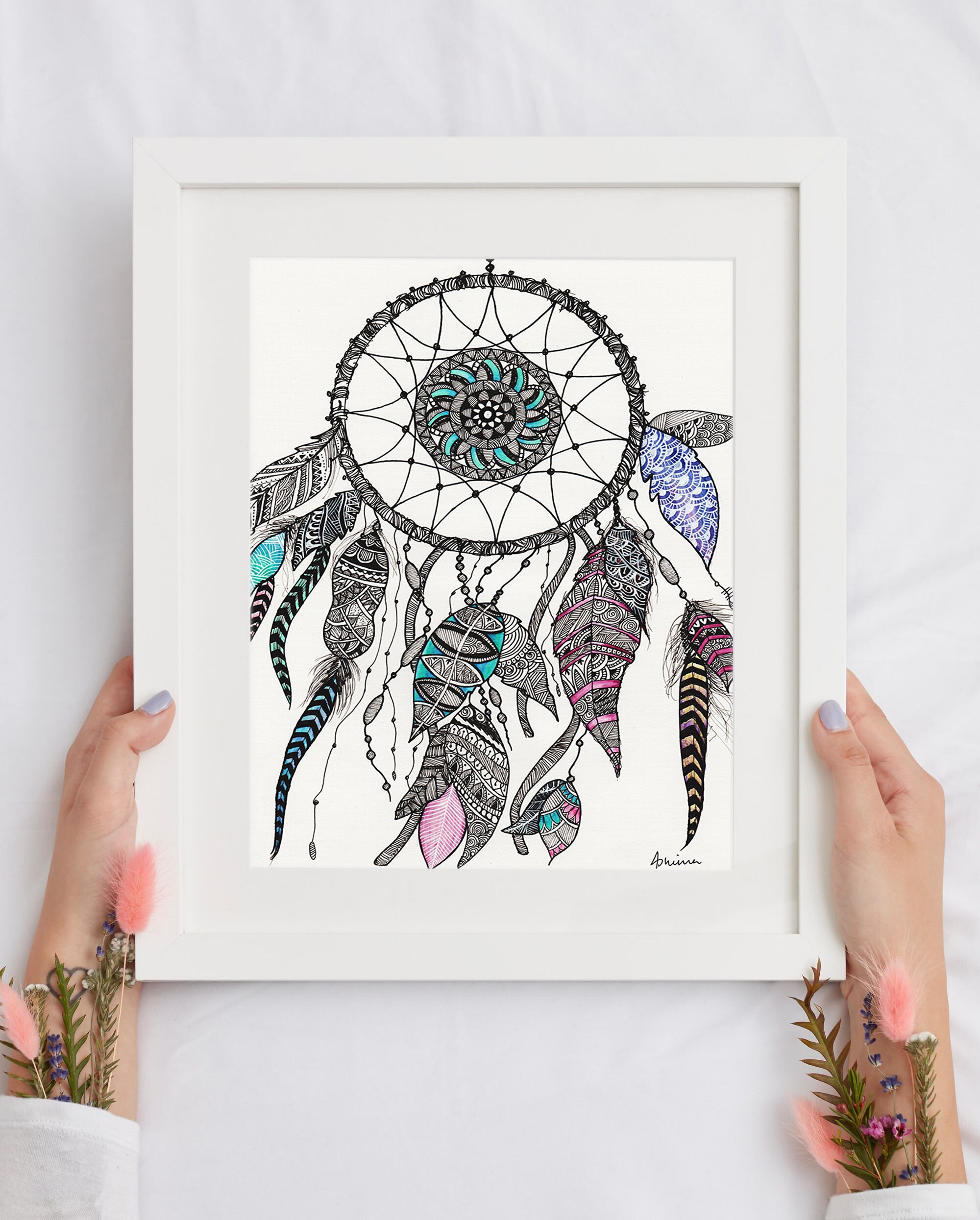 Dreamcatcher line art Zentangle style Bedroom wall art Etsy
