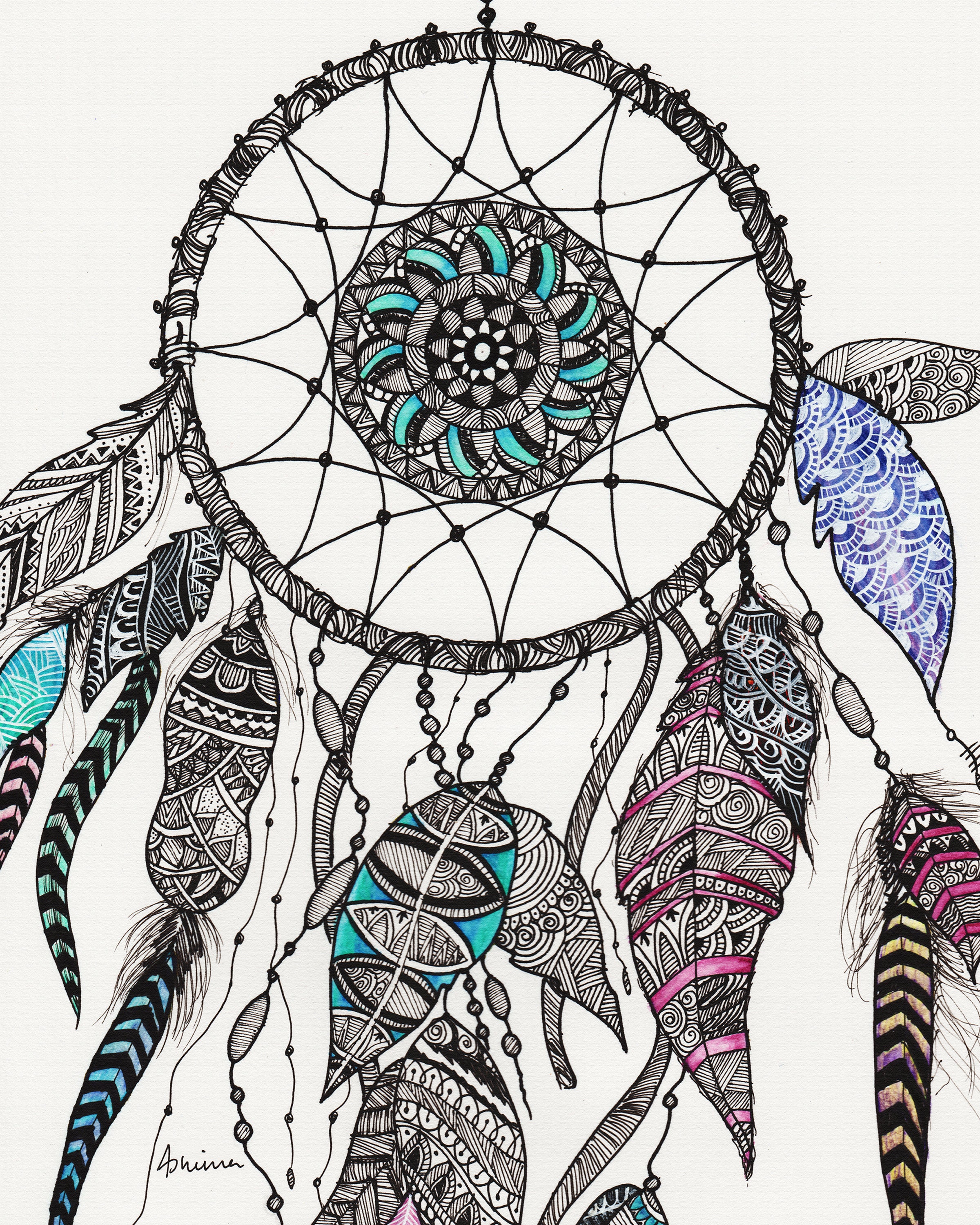 Dreamcatcher line art Zentangle style Bedroom wall art Etsy