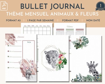 Pack Bundle Bullet Journal Imprimable Thème Animaux et Fleurs, en Français, Calendrier perpétuel, Planificateur Numérique Personnalisable A5