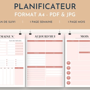 Planner daily, weekly, monthly, undated, A4 format, to print. Planner to print in French. JPG and PDF