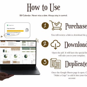 Puede incluir: Una gu&iacute;a paso a paso sobre c&oacute;mo usar una plantilla de calendario de facturas. La imagen muestra la pantalla de una computadora port&aacute;til que muestra una hoja de c&aacute;lculo de Google Sheets con una plantilla de calendario de facturas. Los pasos son: 1. Comprar, 2. Descargar, 3. Duplicar. La imagen tambi&eacute;n incluye una ilustraci&oacute;n de una abeja.