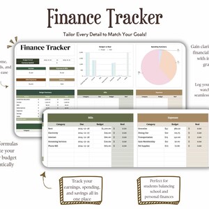 Puede incluir: Una hoja de c&aacute;lculo de seguimiento de finanzas imprimible verde y marr&oacute;n con gr&aacute;ficos y diagramas. La hoja de c&aacute;lculo incluye secciones para realizar un seguimiento de los ingresos, los gastos, las facturas y las deudas. El texto "Finance Tracker" aparece en la parte superior de la hoja de c&aacute;lculo. El texto "Tailor Every Detail to Match Your Goals!" aparece debajo del t&iacute;tulo. El texto "Track your earnings, spending, and savings all in one place" aparece en la parte inferior de la hoja de c&aacute;lculo.