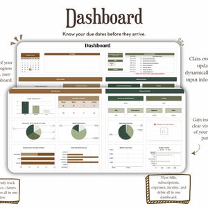 Puede incluir: Un tablero verde y marr&oacute;n con gr&aacute;ficos y diagramas. El tablero est&aacute; dise&ntilde;ado para ayudar a los usuarios a realizar un seguimiento de su progreso acad&eacute;mico, sus finanzas y otra informaci&oacute;n importante. El texto "Panel de control" aparece en la parte superior de la imagen. El texto "Conozca sus fechas de vencimiento antes de que lleguen." aparece debajo de la palabra "Panel de control".
