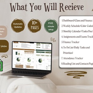 Puede incluir: Un ordenador port&aacute;til que muestra una hoja de c&aacute;lculo con m&aacute;s de 10 p&aacute;ginas de contenido. La hoja de c&aacute;lculo incluye un panel de control, un horario semanal, un calendario mensual, un rastreador de tareas y ex&aacute;menes, un rastreador de finanzas, una lista de tareas pendientes, un rastreador de asistencia y una lista de lectura y una p&aacute;gina de contactos. El texto "What You Will Recieve" est&aacute; en la parte superior de la imagen.