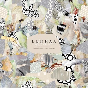 Op de afbeelding: Een digitaal collagepatroon met overlappende papierachtige vormen in tinten beige, grijs, groen en zwart. Het ontwerp bevat diverse texturen, stippen en lijnen. Een centraal beige label toont de tekst LUNHAA studio seamless pattern - 30,48 cm x 30,48 cm - 300 dpi.