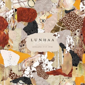 Può includere: Un motivo senza cuciture con un collage di forme di carta strappata nei toni dell'arancione bruciato, nero, bianco, beige e marrone. Il centro include il testo LUNHAA studio, seamless pattern - 30,48 cm x 30,48 cm - 300 dpi, su una forma beige.