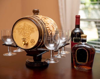 Wine and Whiskey Barrel With Rotating Glass Rack ,Handmade and Handcrafted.