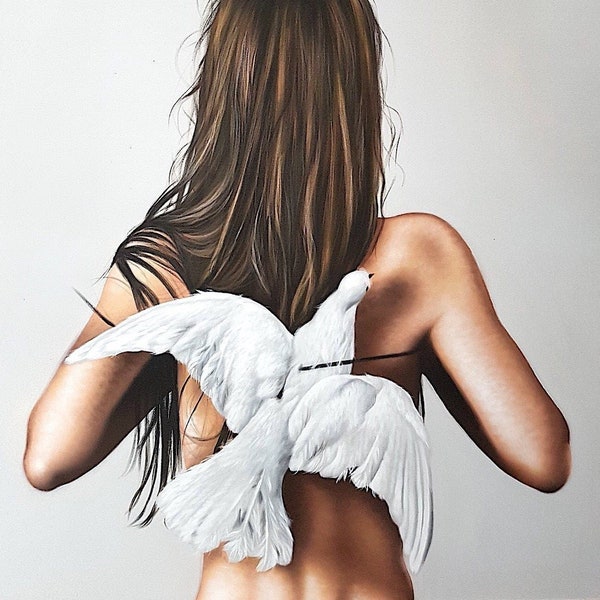 Nude Female with White Dove, Nordic ORIGINAL Acrylic Painting, Angel Wings, Shot Pigeon
