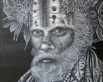 Retrato extragrande de padre de tribu africana, pintura acrílica sobre lienzo (89 x 68 cm)