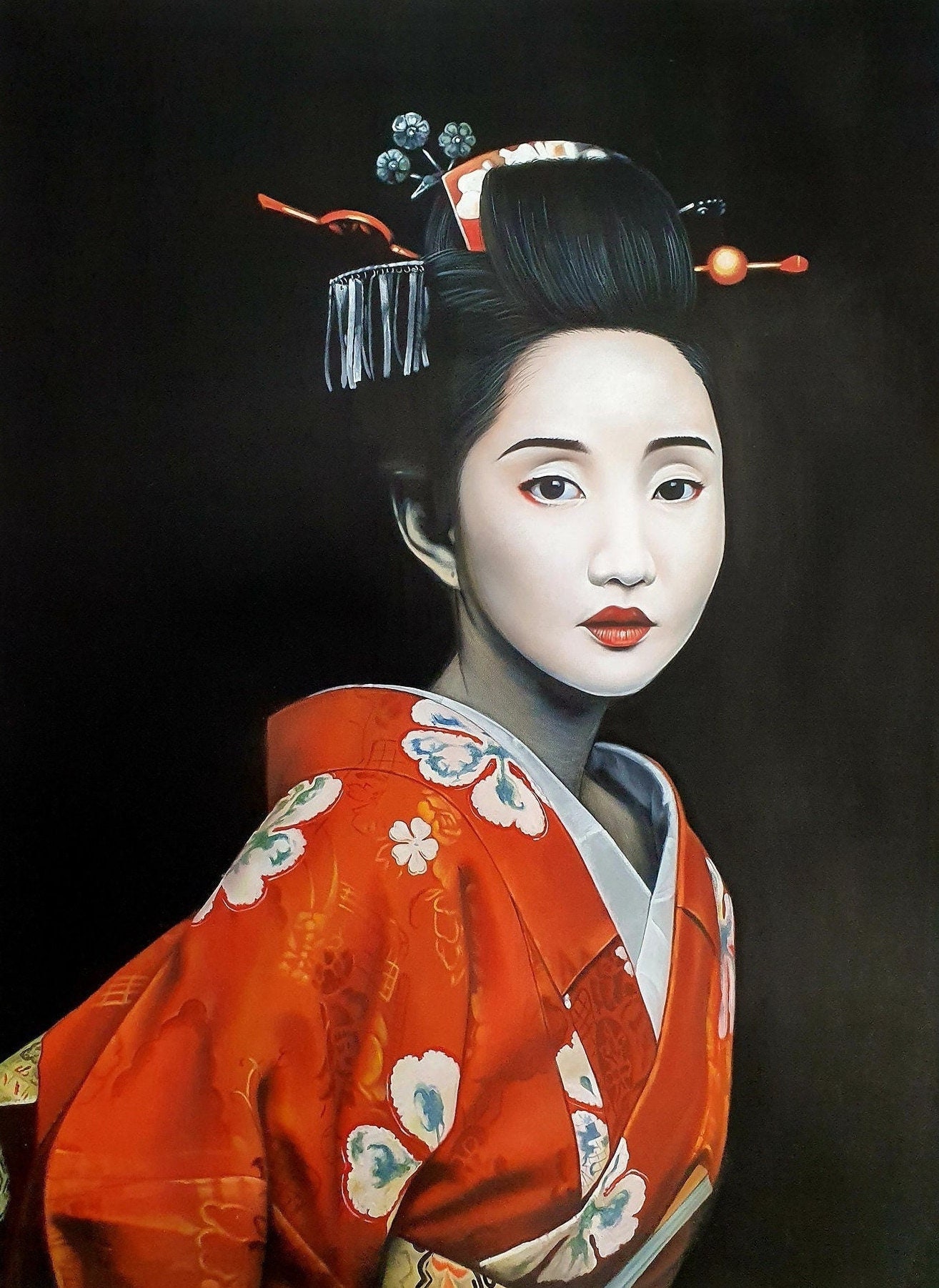 Large Japandi Geisha Painting, Modern Acrylic Portrait on Canvas