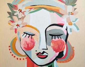 STOCK** Extra Large ORIGINAL Contemporary Abstract Painting Acrylic on Canvas, Modern Handmade for Living Room Decor Portrait Woman face