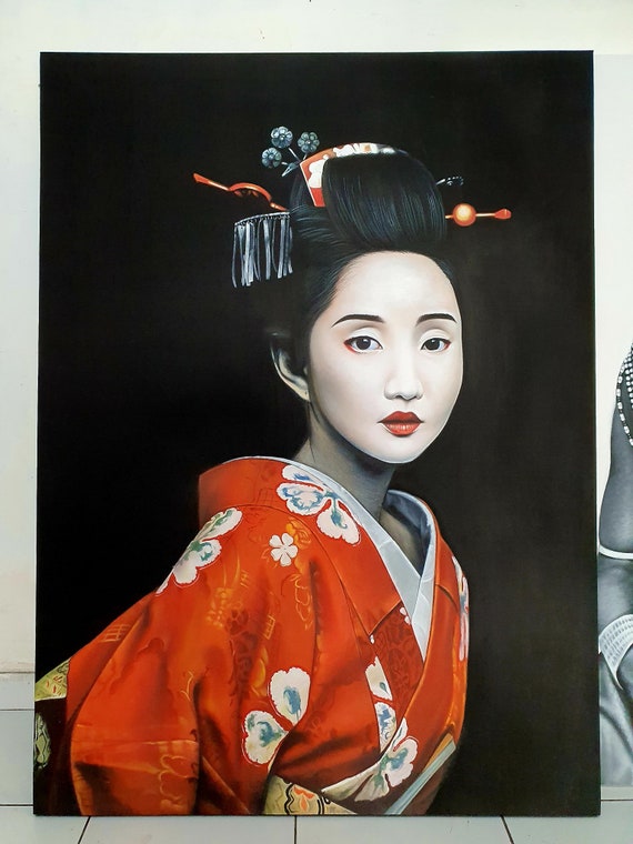 Large Japandi Geisha Painting, Modern Acrylic Portrait on Canvas