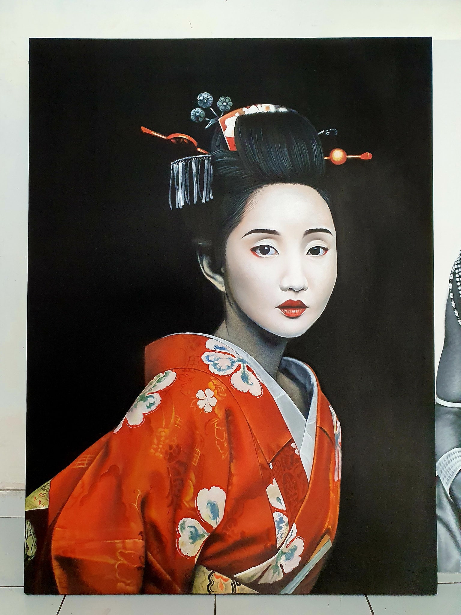 Large Japandi Geisha Painting, Modern Acrylic Portrait on Canvas