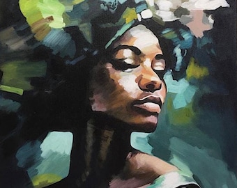 Può includere: Un dipinto di una donna con la pelle scura, che indossa un copricapo floreale verde e bianco. Gli occhi della donna sono chiusi e lei guarda in basso. Lo sfondo è verde scuro e blu.