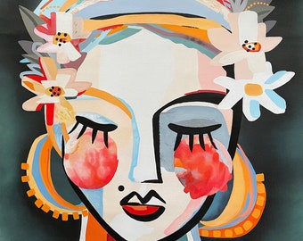 Extra Large ORIGINAL Contemporary Abstract Painting Acrylic on Canvas, Modern Handmade for Living Room Decor Portrait Woman face