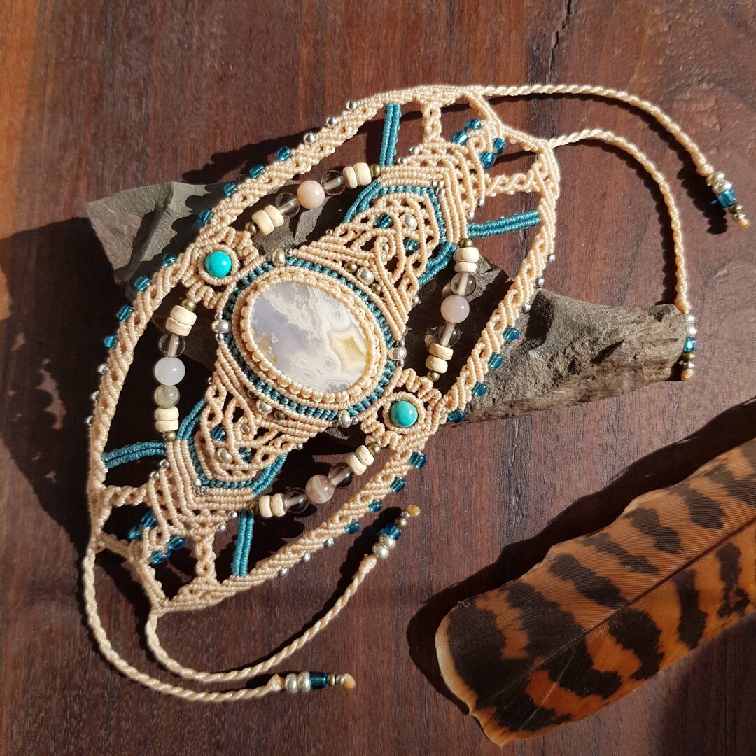 Cuff Bracelet in Macrame Technique With Beige-turquoise Agate - Etsy