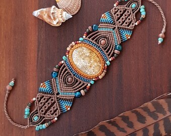 Cuff bracelet with fossil coral, brown-turquoise