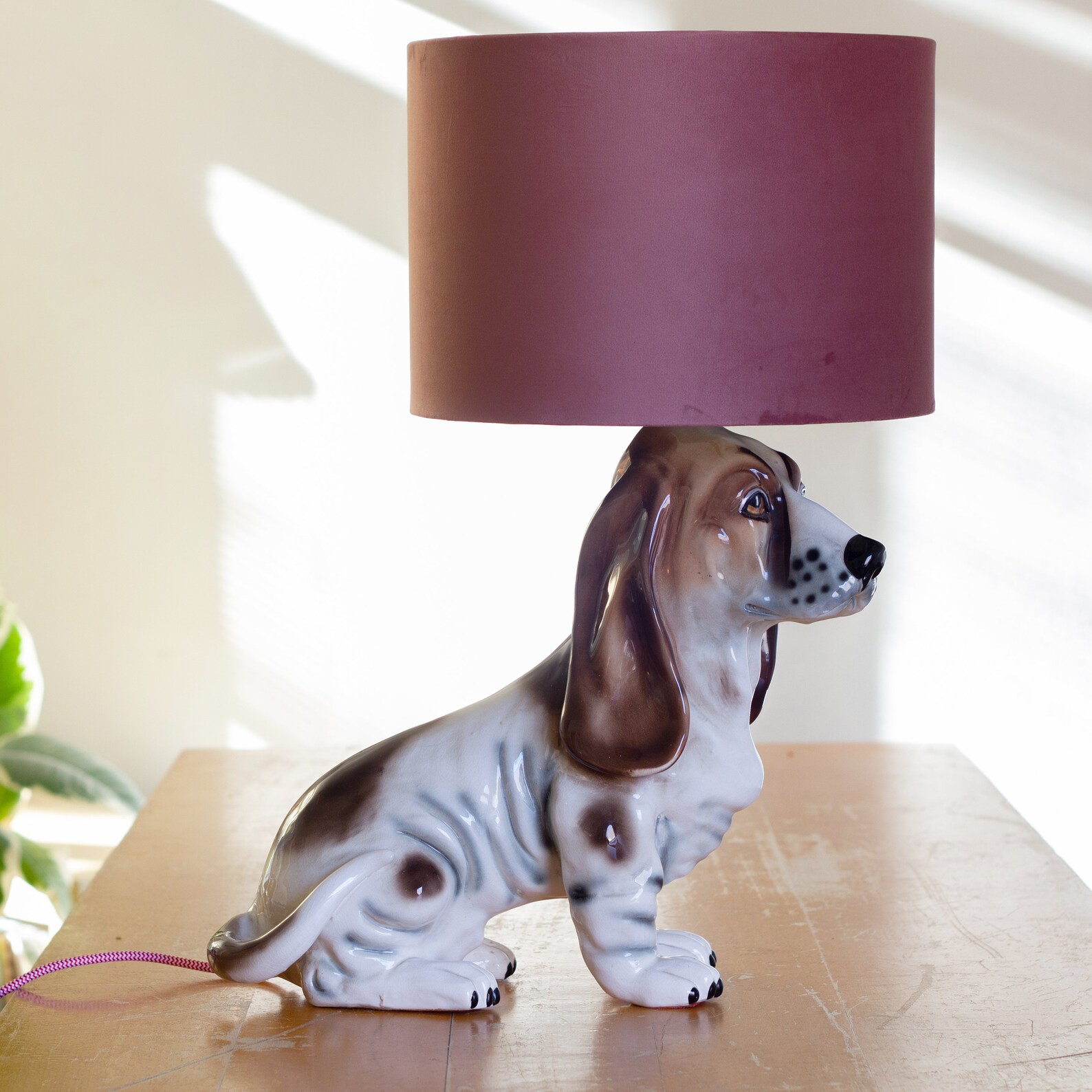 Dog Table Lamp Basset Vintage Lighting Unique With Pink Velvet Etsy