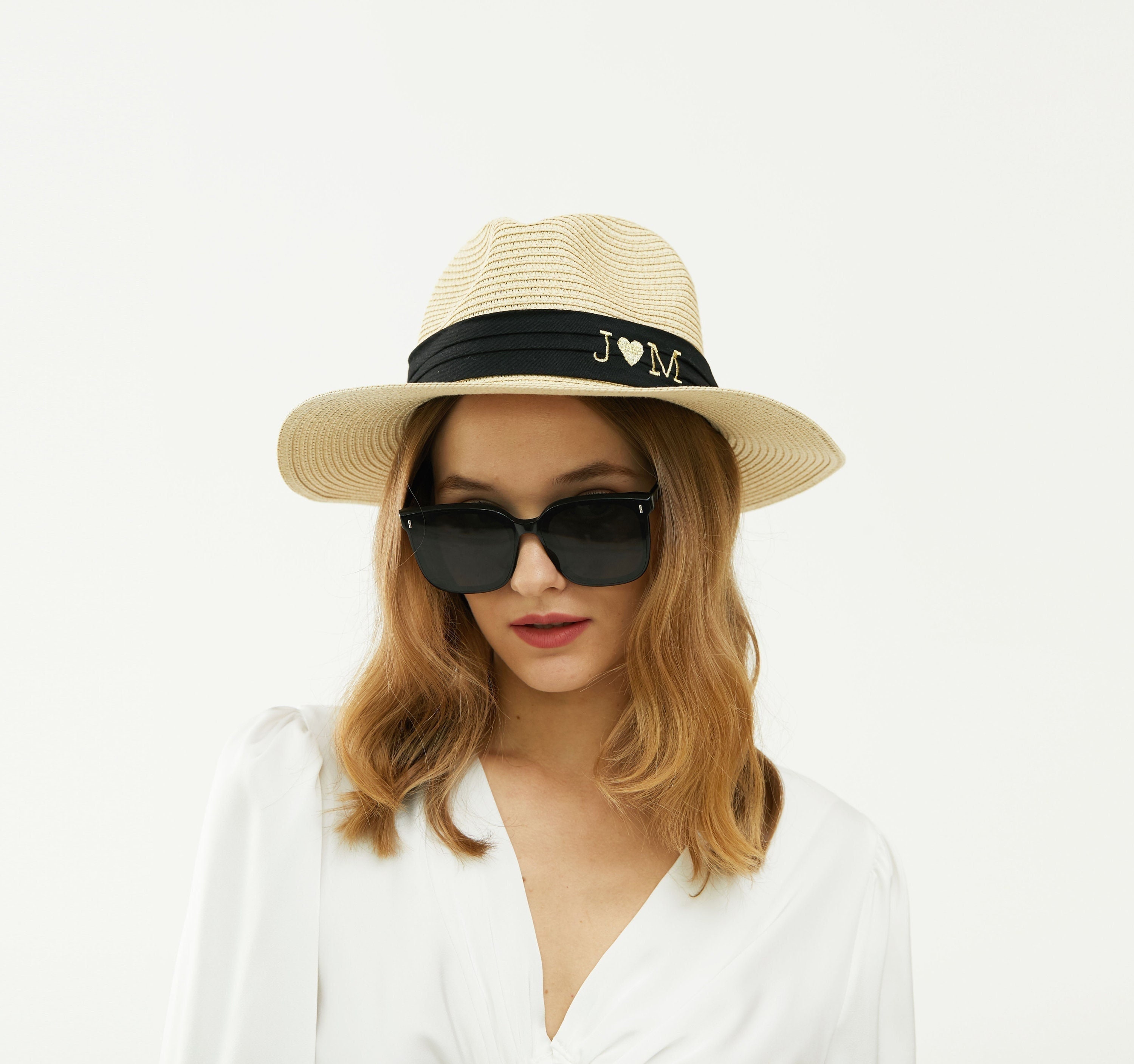 Embroidered Personalized Custom Women Straw Hats, Monogram Straw Fedora Hat