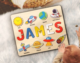 Personalized Name Puzzle with Planets Astronaut Space Galaxy Nursery Decor Montessori Toys Preschool Space Toy Kids, Baby Shower Easter Gift