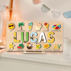 Rompecabezas de gran tamaño con nombre de verano, decoración de guardería con temática oceánica, juguetes Montessori para niños pequeños, regalo de primer cumpleaños, juguete educativo de madera, regalo personalizado para baby shower