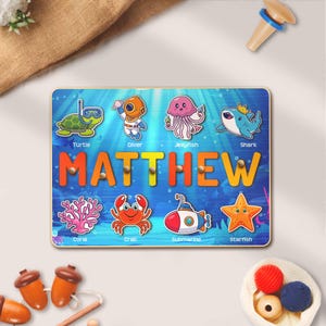Rompecabezas de animales marinos personalizado, juguete Montessori oceánico personalizado, regalo de cumpleaños y Navidad para bebés y niños pequeños, tablero de actividades del mundo submarino