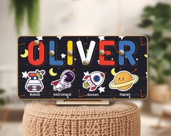 Custom Space Name Puzzle Birthday Christmas Gift Astronaut Rocket Baby Puzzle Educational Toy Planet Boy Montessori Galaxy Nursery Decor