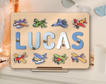 Custom Airplane Name Puzzle with Pegs 1st 2nd Birthday Baby Boy Gifts Helicopter Wooden Toy Baby Room Decor Gift for Kids Toddler Busy Board