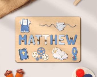 Custom Name Puzzle Baptism Present Baby Boy Christening Gift Baby Dedication Gift Baptism Gift for Godson Toddler Busy Board Montessori Toy