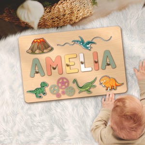 Custom Dinosaur Puzzle Wooden Name Puzzle with Pegs Montessori Toy Busy Board For Toddler 1st 2nd Birthday Gift Dinosaur Toy for Baby Boy