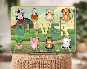 Personalized Name Puzzle with Animals, Wooden Toys for Baby Toddler Kids, Baby Shower Gift, Christmas Gifts, First Birthday Girl and Boy