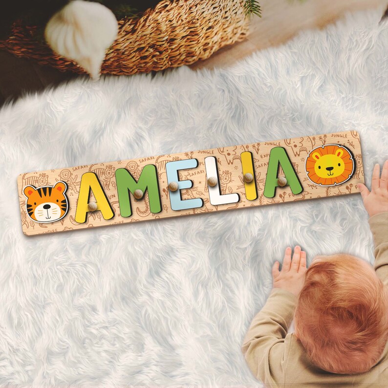 Safari Animal Name Puzzle Pattern Personalized Montessori Toy Wooden ...