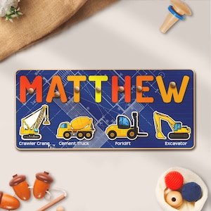 Construction Dump Truck Name Puzzle Custom Crane Bulldozer Vehicle Montessori Name Sign Birthday Educational Gift for Boy Toddler Preschool