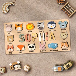 Wooden Animal Name Puzzle Personalized Montessori Toy Birthday Baby Shower Gift for Girl Boy Large Animals Puzzle Kids Toys Toddler Nursery