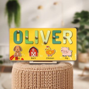 Custom Farm Animals Baby Name Puzzle Pig Sheep Tractor Wooden Busy Board Banyard Montessori Educational Toy Birthday Gift for baby Boy Girl
