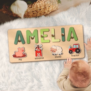 Custom Farm Animals Baby Name Puzzle Pig Windmill Sheep Tractor Board Kid Wooden Busy Board Banyard Montessori Educational Toy Birthday Gift