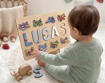 Custom Airplane Name Puzzle with Pegs 1st 2nd Birthday Baby Boy Gifts Helicopter Wooden Toy Baby Room Decor Gift for Kids Toddler Busy Board