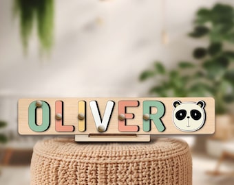 Personalized Panda Animal Name Puzzle Toy New Baby Easter Gift Custom Safari Wooden Toy Montessori 1st Birthday Gift for Baby Girl Boy