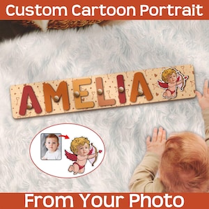 Regalo de San Valentín personalizado para niños, retrato de bebé personalizado, personaje de Cupido de dibujos animados, rompecabezas de madera con nombre y clavijas, juguete Montessori para niños pequeños