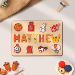Casse-tête personnalisé avec éléments de basket-ball, cadeau d'anniversaire pour garçon, cadeau de Noël pour bébé garçon, enfants et tout-petits, carte occupée, casse-tête en bois avec nom