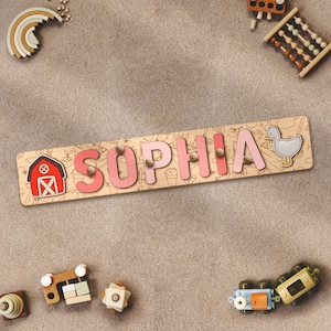 Barn Duck Farm Animals Name Puzzle Banyard Tractor Patterned Name Sign Puzzle Montessori Toy Kid Baby Girl Boy Toddler First Birthday Gift