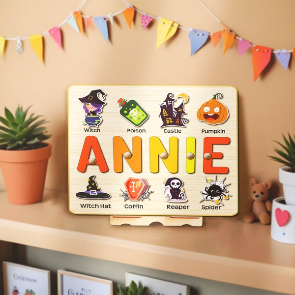 Personalized Halloween Name Puzzle Custom Montessori Toys  Kids Baby Shower Busy Board Wooden Puzzle Name Birthday Girl Boy Toddlers Gift