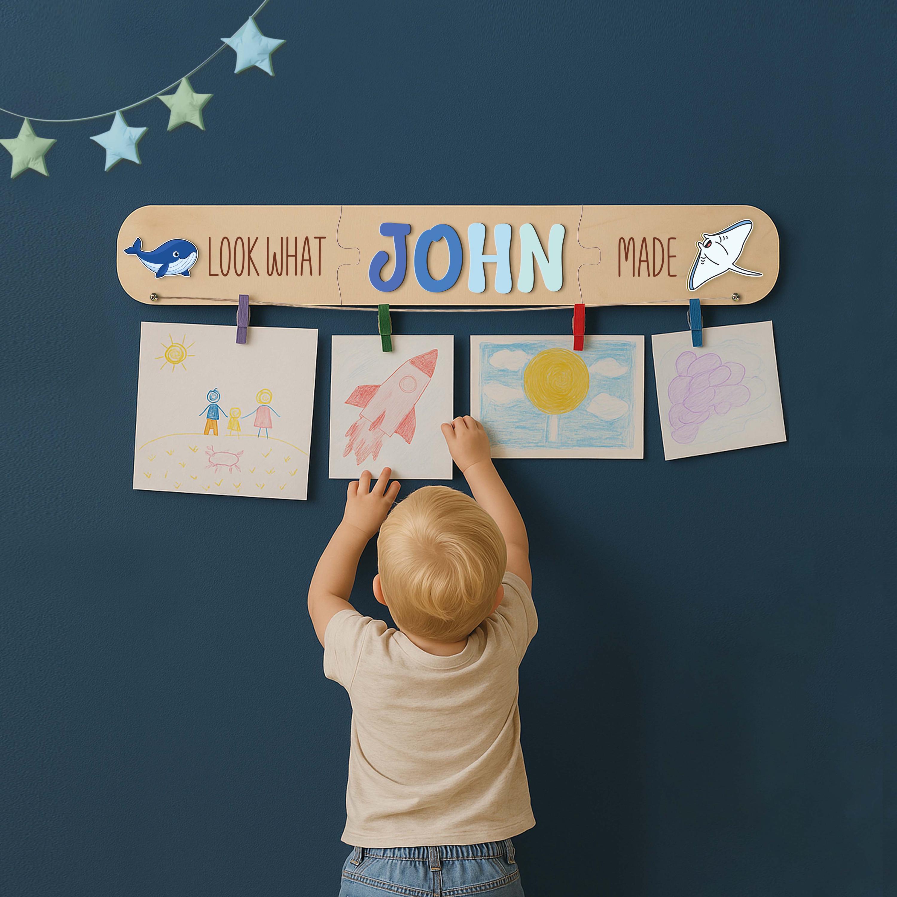 Personalized Art Display For Kids, Look What I Made Sign, Nursery Wall Decor, Custom Marine Animals Name Puzzle, Birthday Baby Toddler Gift