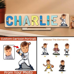 Rompecabezas de madera con nombre y retrato de dibujos animados personalizado para bebés y niños pequeños Retrato de jugador deportivo de dibujos animados personalizado a partir de una foto Regalo de cumpleaños y Navidad