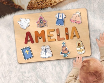Custom Name Puzzle Baptism Present, Baby Christening Gift, Baby Dedication Gift, Baptism Gift for Goddaughter Godson, Toddler Wooden Toy