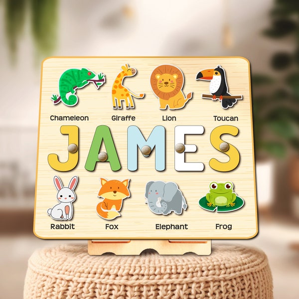 Custom Safari Nursery Name Puzzle, Montessori Toys, Personalized Busy Board, Zoo Jungle Animals Puzzle 1 2 3 Years Old Gift For Kids Toddler