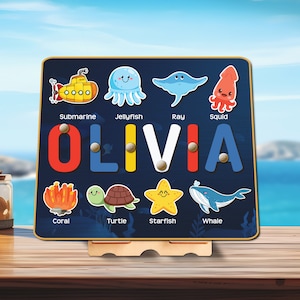 Rompecabezas personalizado de nombres de animales del océano, juguete Montessori personalizado del mundo marino, regalos de Navidad para bebés niños pequeños, tabla ocupada para bebés de animales marinos