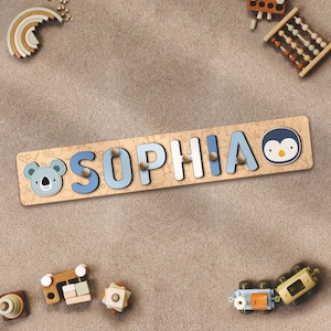 Personalized Name Puzzle with Animals Baby Toddler Kids Wooden Toys Baby Shower Christmas Gifts First Birthday Girl and Boy Nursery Decor