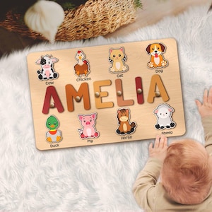 Custom Animals Puzzle with Baby Name, Personalized Puzzle, 1st 2nd Birthday Christmas Baby Girl Baby Boy Toddler Gift, Wooden Busy Board
