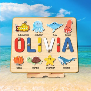 Rompecabezas personalizado de nombres de animales del océano, decoración de vivero marino, juguete Montessori personalizado para niños pequeños, regalo de baby shower de 1er cumpleaños, juguete educativo de madera